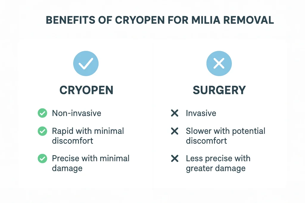 Benefits of cryopen for milia removal Surbiton compared to surgical treatments.