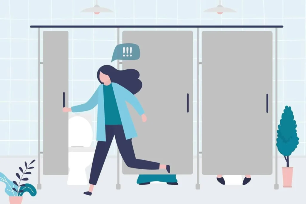 graphic of Urine incontinence Surbiton woman running to the toilet.