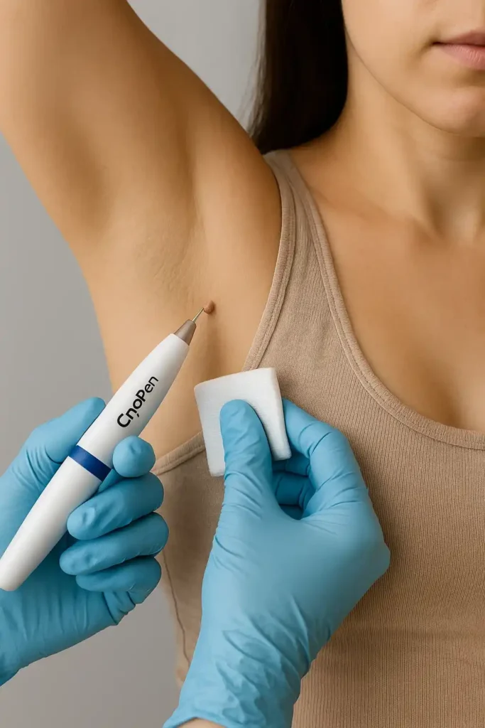 woman having cryopen to remove underarm skin tags Surbiton