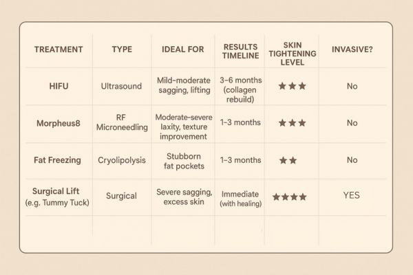 Table showing the comparisons of Skin tightening Surbiton treatment options.